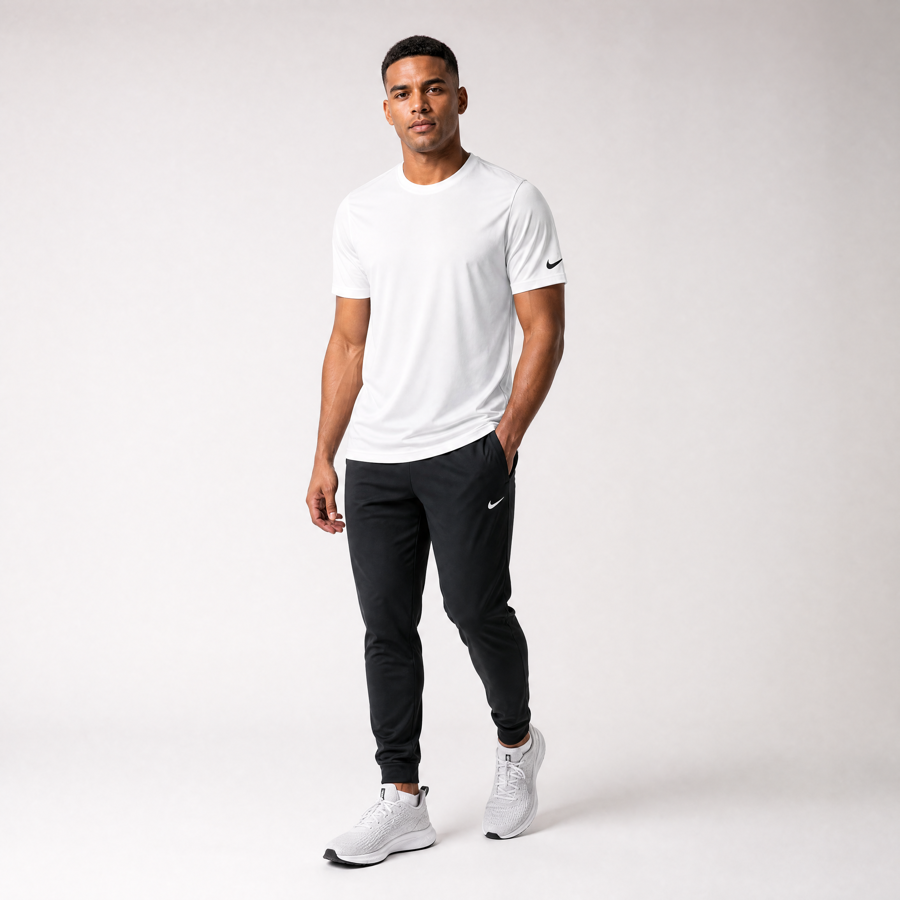 Male athlete modeling the white Nike Cotton Short Sleeve Men's Tee