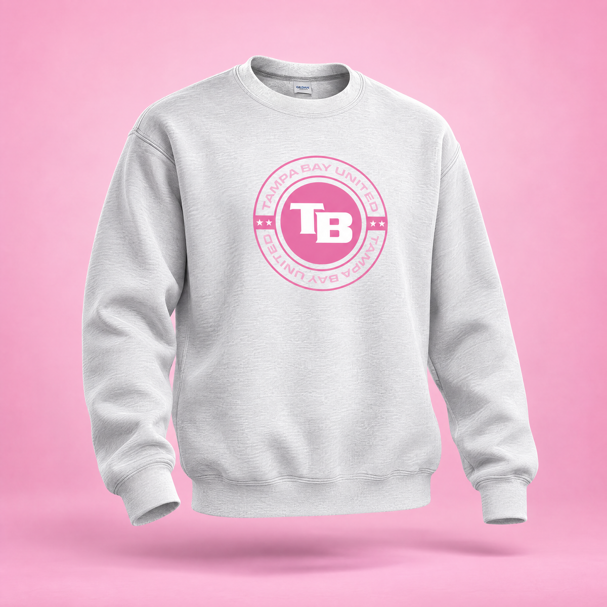 Tampa Bay United adult white crest crewneck sweatshirt, front view