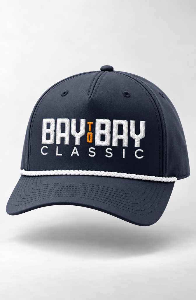Bay to Bay Classic navy five-panel rope cap, front view