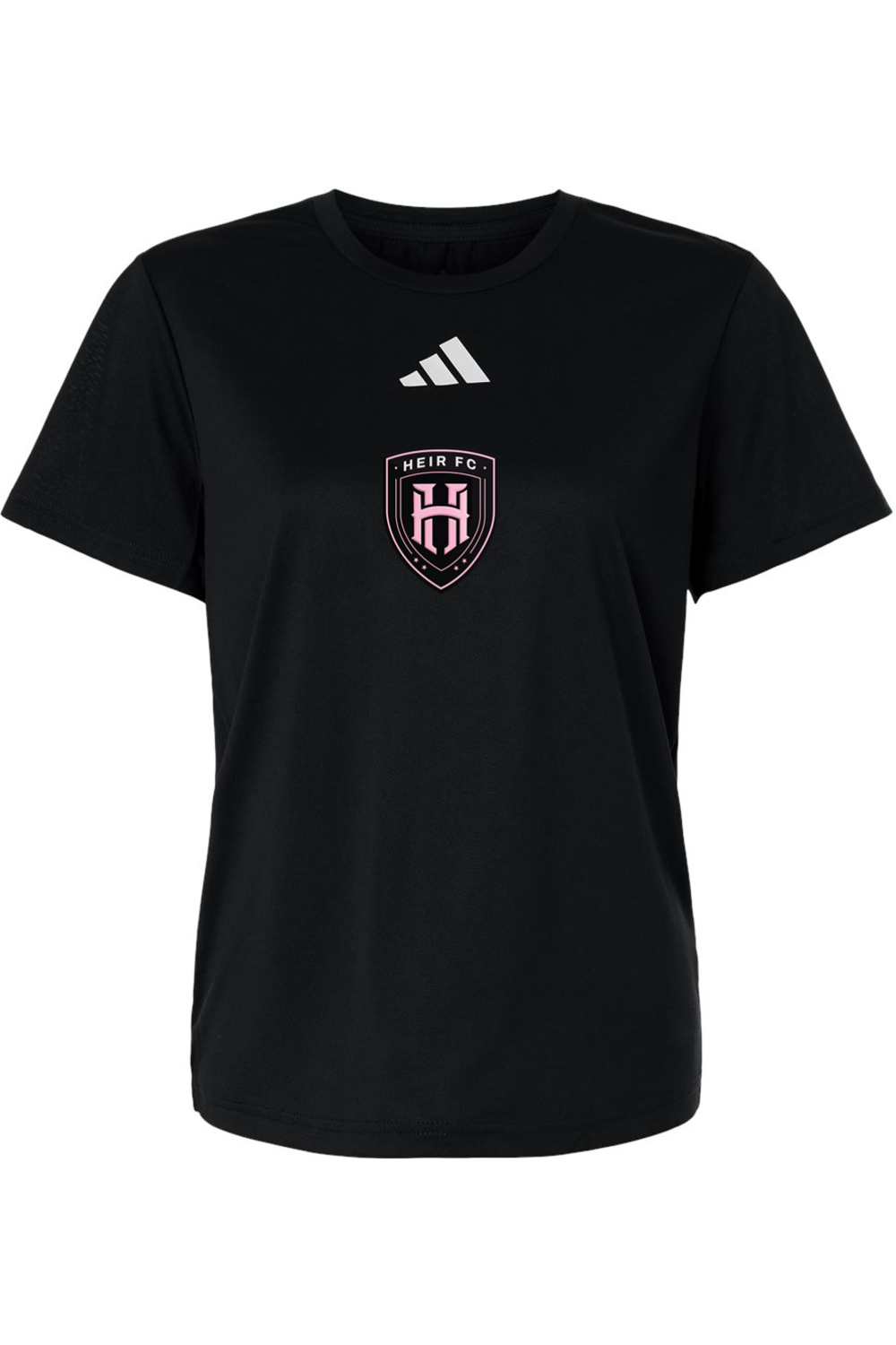 Black t-shirt with a logo on the chest against a white background