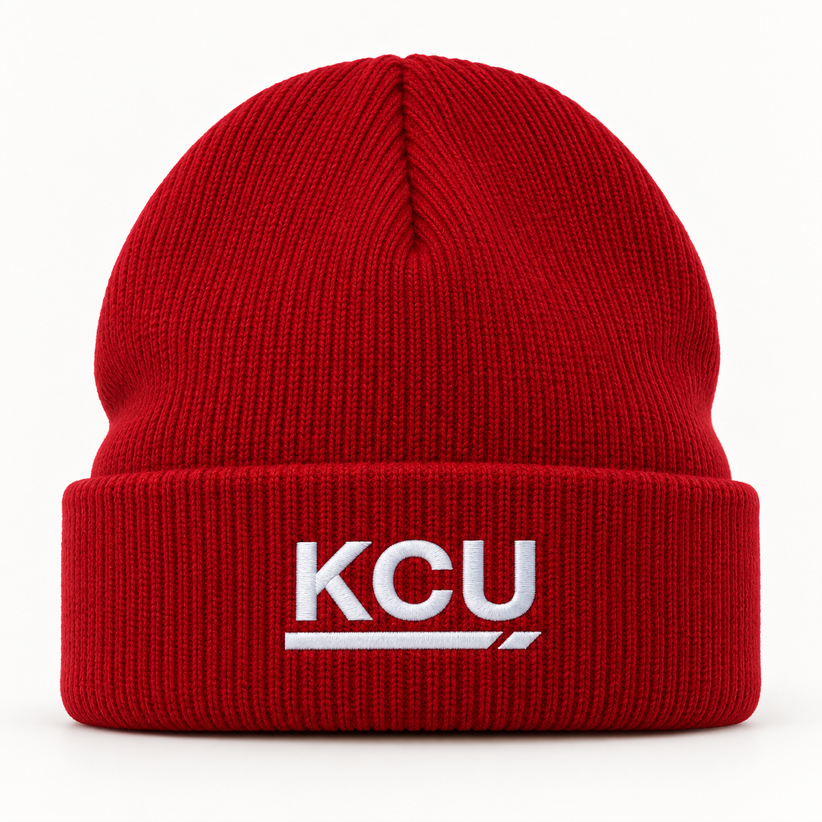Red rib-knit beanie with a folded cuff and white embroidered KCU monogram.