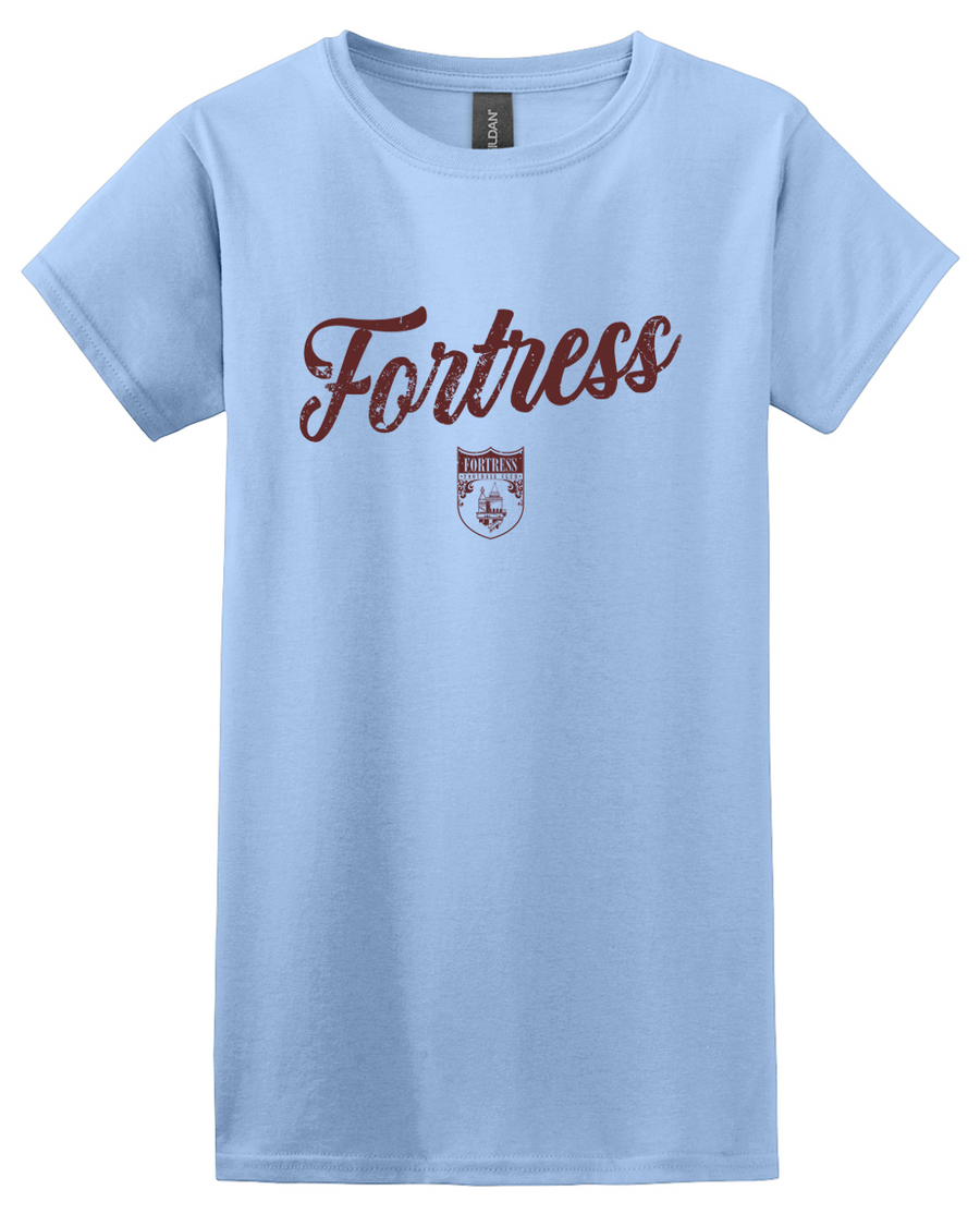Light blue t-shirt with 'Fortress' text and logo on a white background
