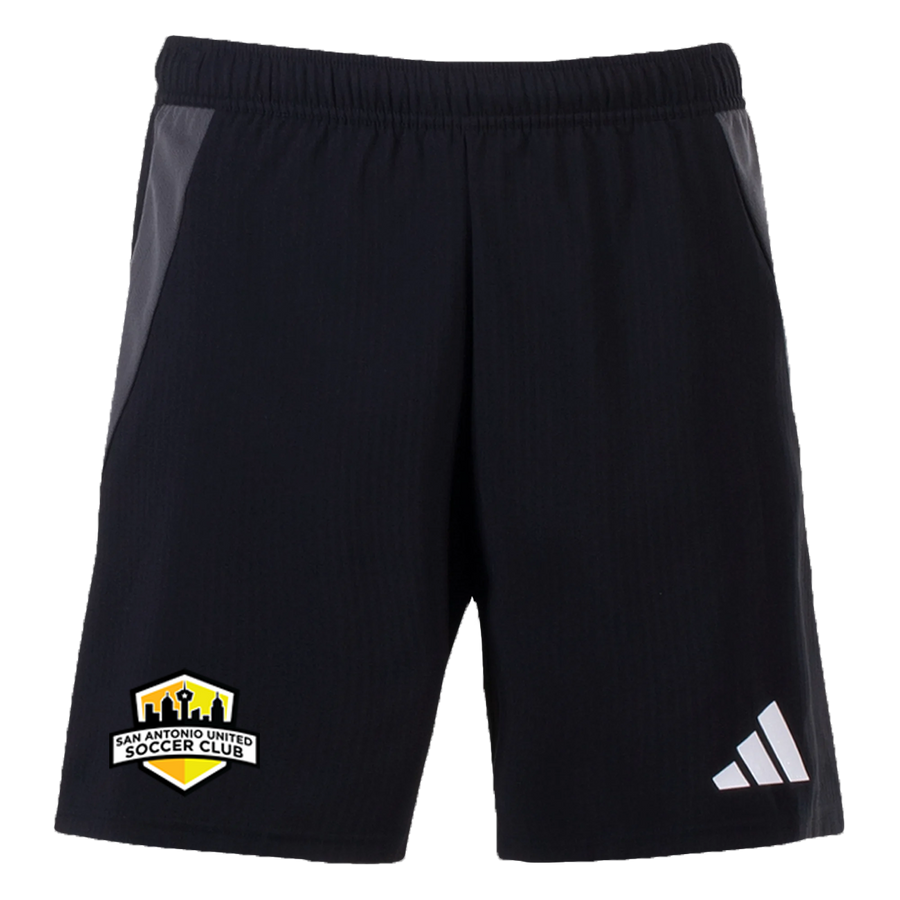 Black shorts with San Antonio United Soccer Club logo and Adidas logo on a white background