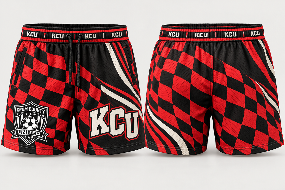 Front and back of red and black Krum checker-pattern mesh shorts with a large KCU mark