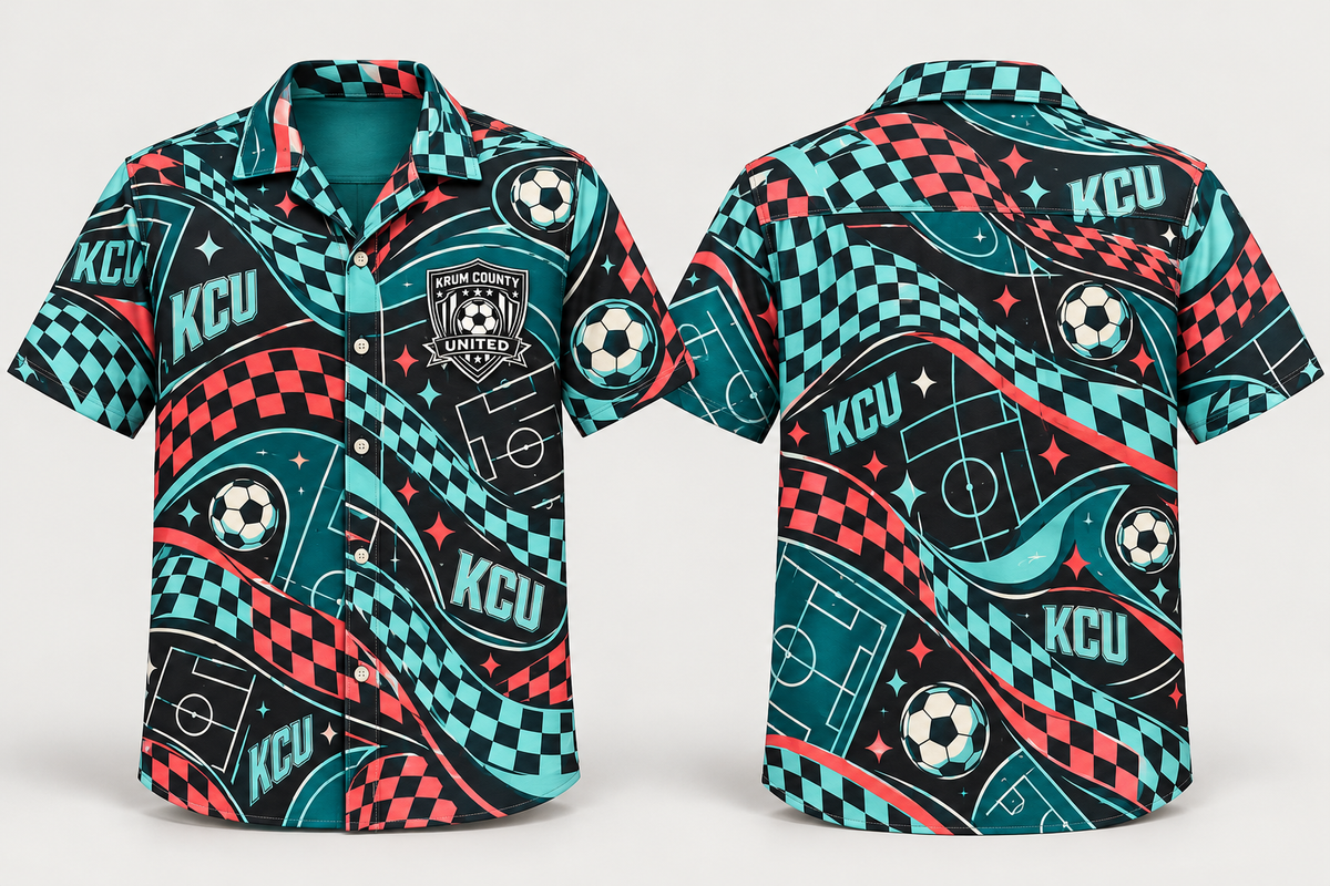 Front and back of a Krum camp shirt with teal and coral checker waves and soccer motifs
