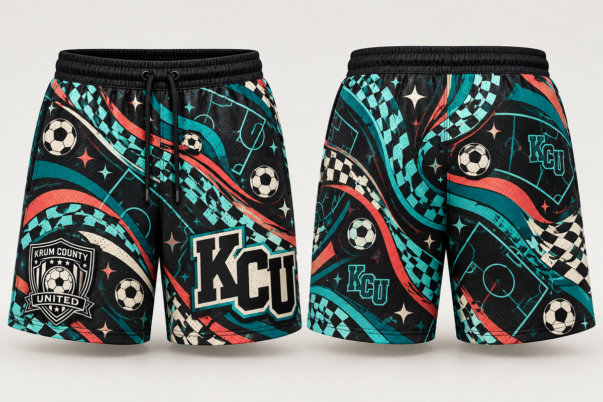 Front and back of Krum mesh shorts in teal and coral with flowing checker ribbons and club motifs