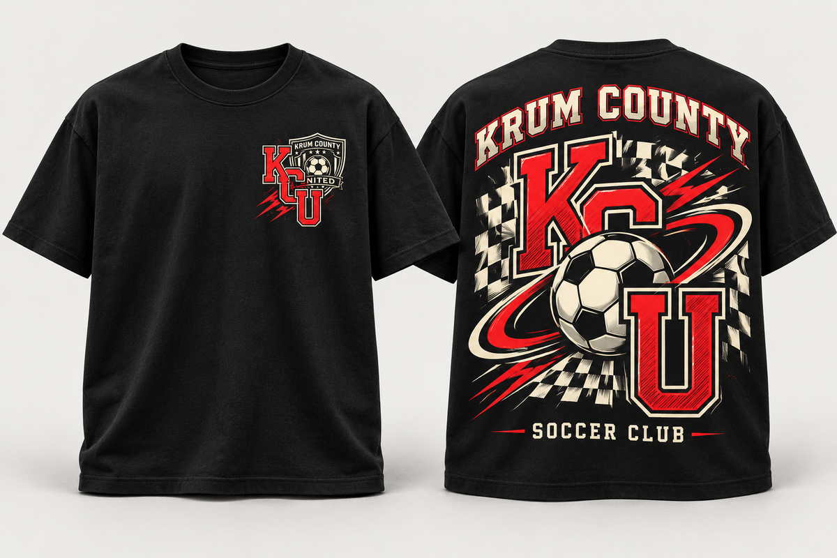 Front and back of a black Krum graphic tee with oversized red and cream KCU soccer artwork