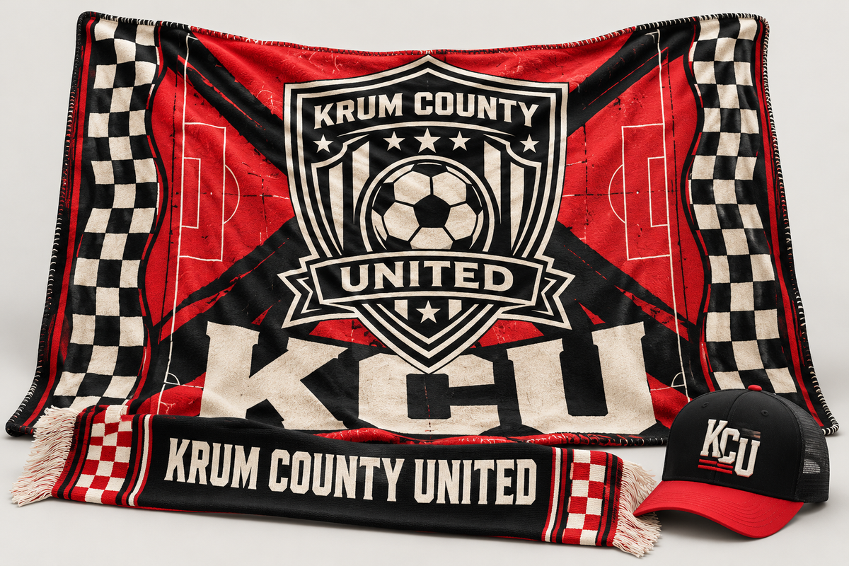 Krum supporter concept set with a red and black stadium blanket, club scarf, and black cap with red bill