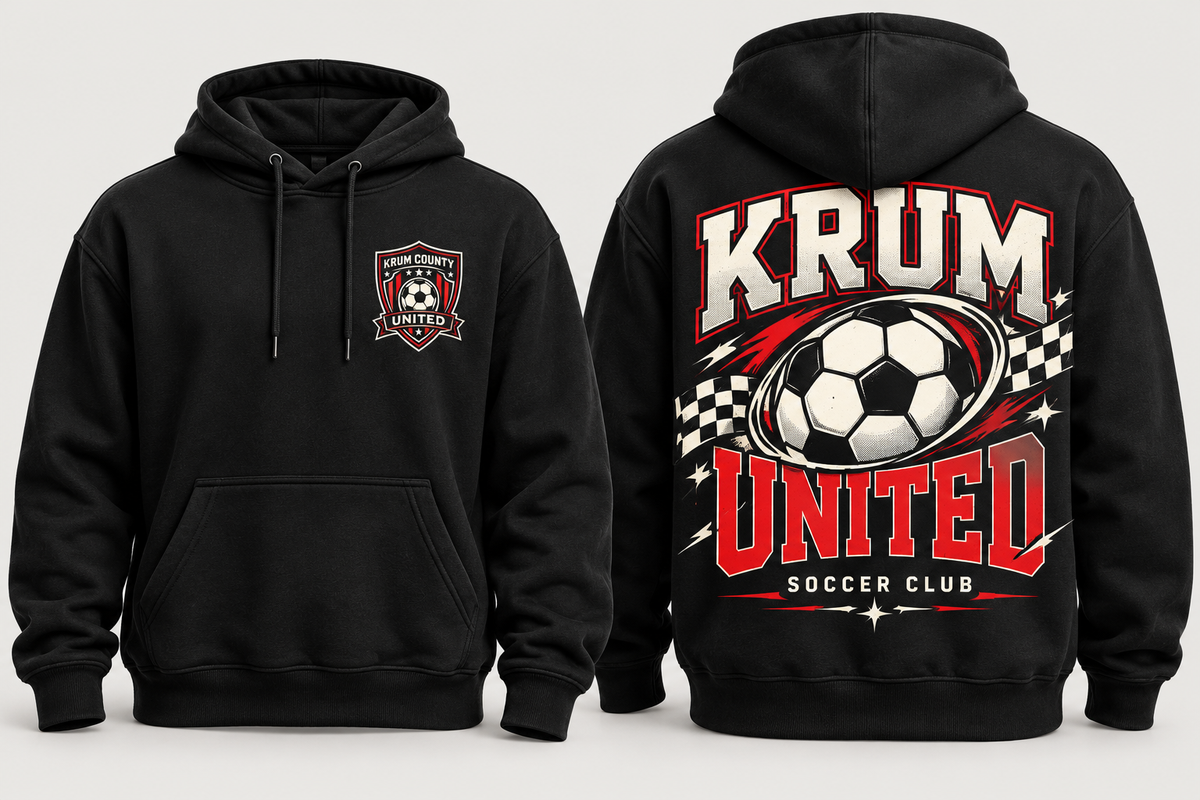 Front and back of a black Krum supporter hoodie with a large red and cream United soccer graphic