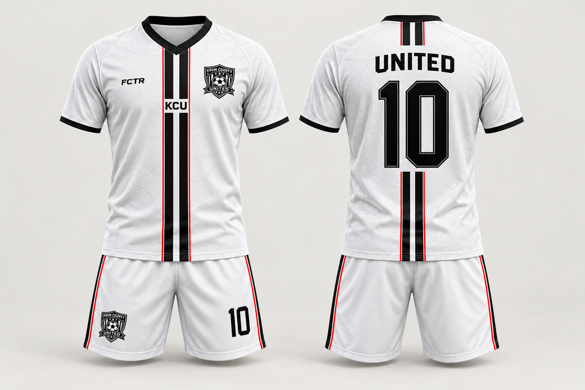 Front and back of the white Clean Sheet away jersey with black racing stripes, red accents, and white shorts
