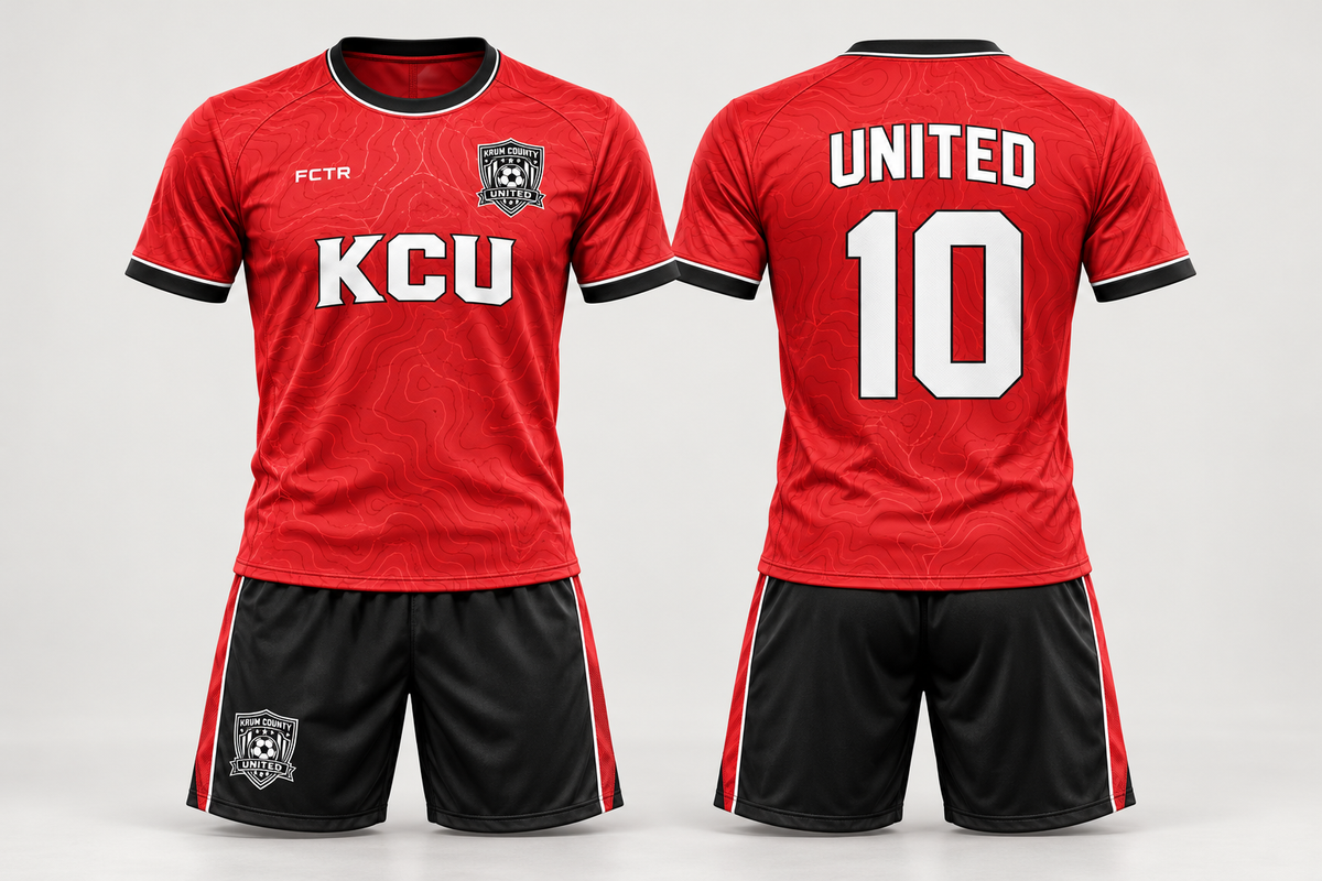 Krum County United red home jersey and black shorts concept, shown from the front and back