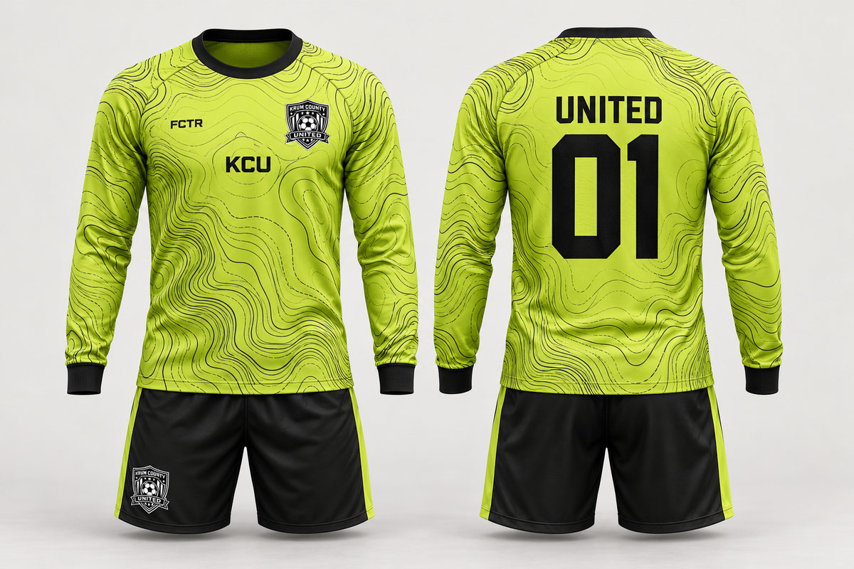 Front and back of the lime Last Line goalkeeper jersey with black contour graphics and black shorts