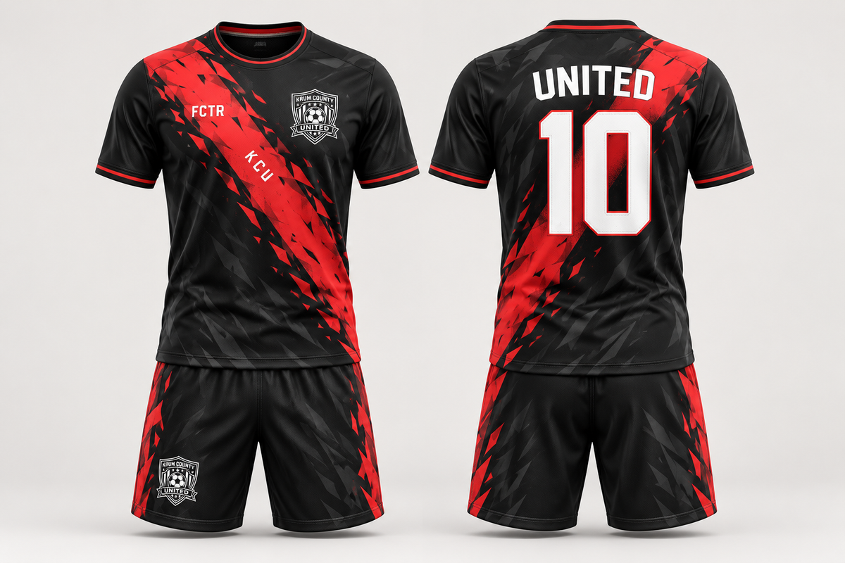 Front and back of the black United After Dark third jersey with red diagonal sash and black shorts