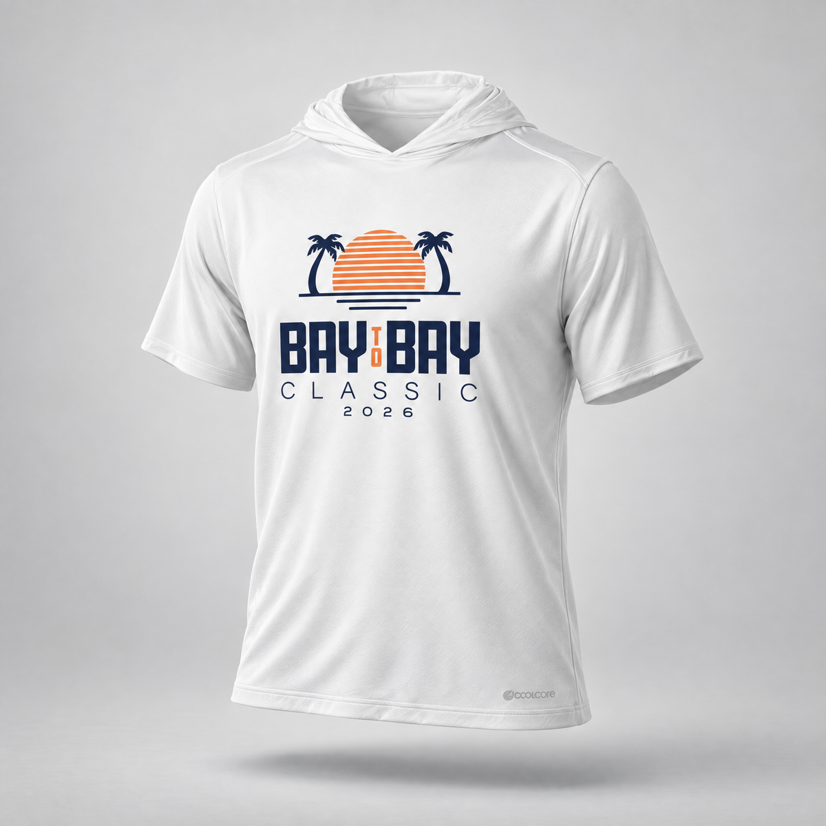 Bay to Bay Classic white short-sleeve performance hoodie, front view
