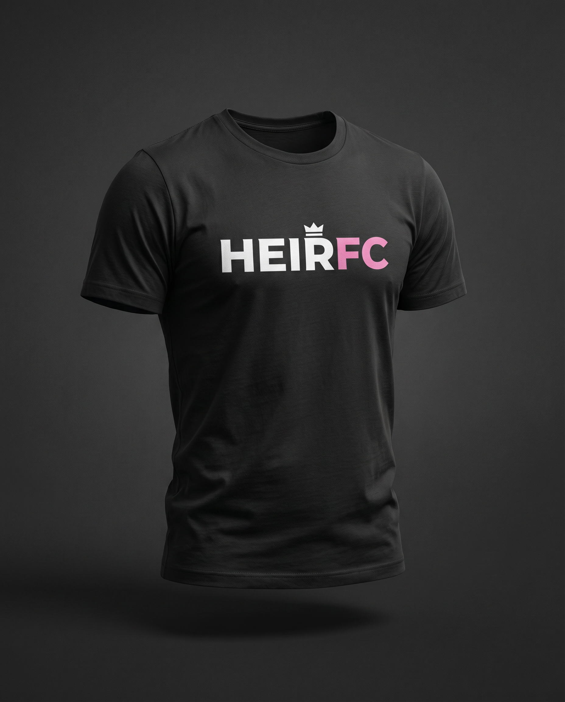 Black t-shirt with 'HEIRFC' logo on a dark background