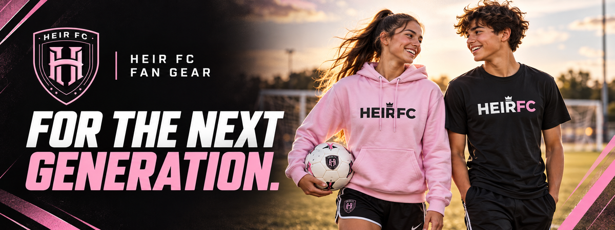 Heir FC For the Next Generation fan gear banner with two youth soccer players