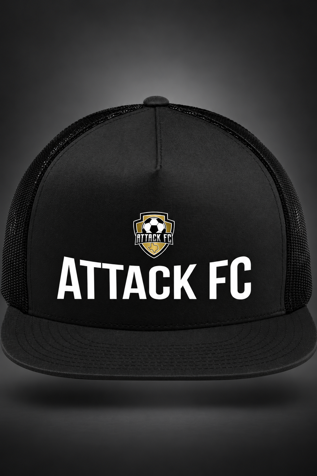 Attack FC | 5-Panel Classic Mesh Back Cap – Black, front view