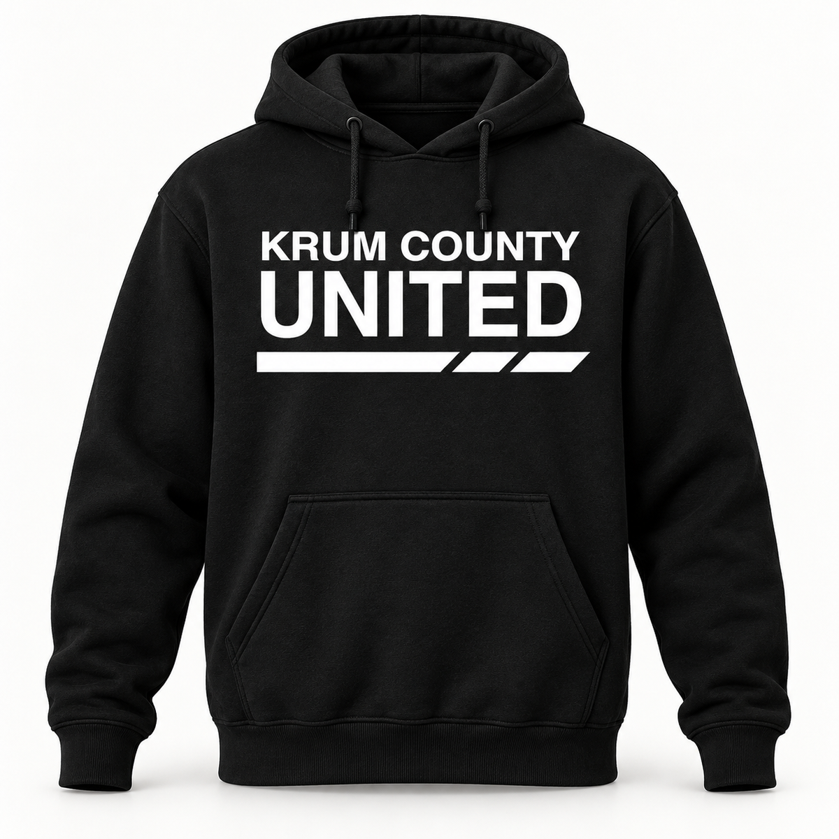 Black men's pullover hoodie with bold white Krum County United lettering and a segmented underline.