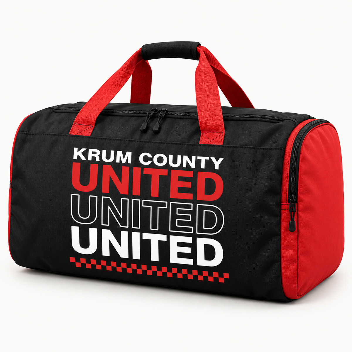 Black and red Krum County United duffel with large stacked UNITED lettering on its side.